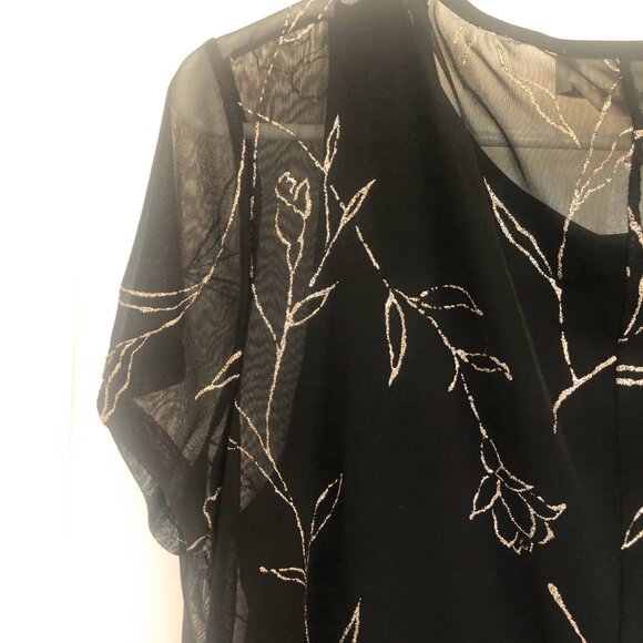 AGB Byer Black Dress VTG Maxi Sheer Overlay Slip Dress Silver Glittery Floral 12 - Picture 5 of 10